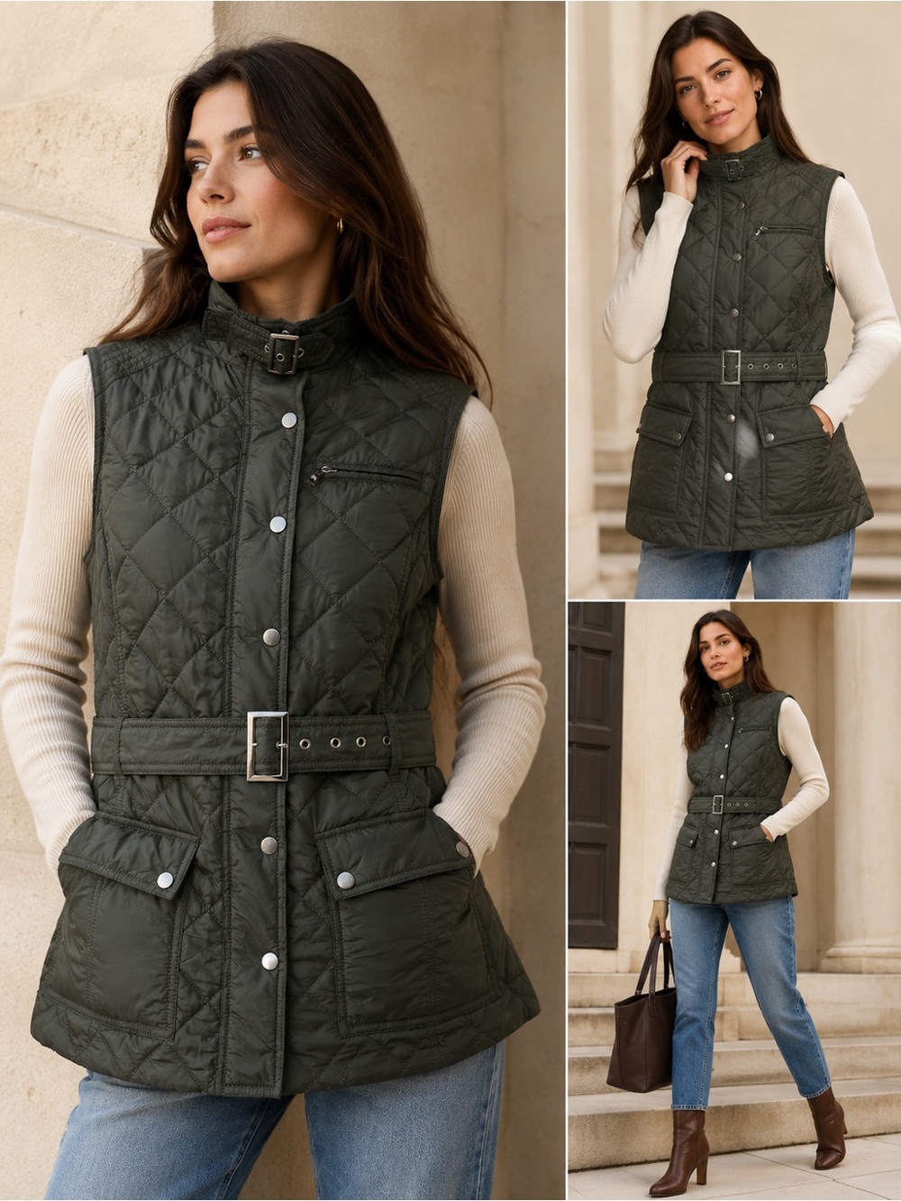 Banana Republic Olive Quilted Belted Puffer Vest Utility Chic Jacket Small